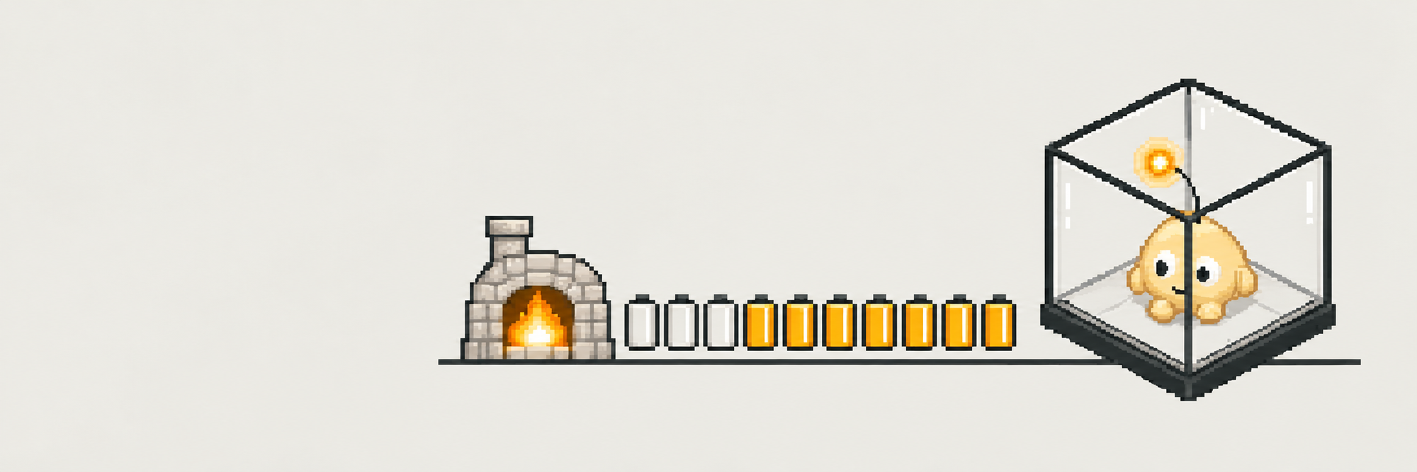 Terrarium: a glass cube with a small creature, ten battery cells and a stone furnace